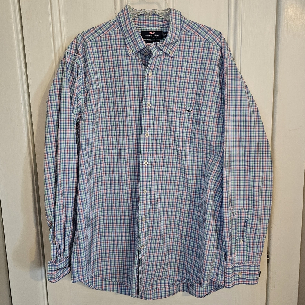 Vineyard Vines Slim Fit Tucker Shirt Mens XL Plaid Cotton Pink Blue Green Whale